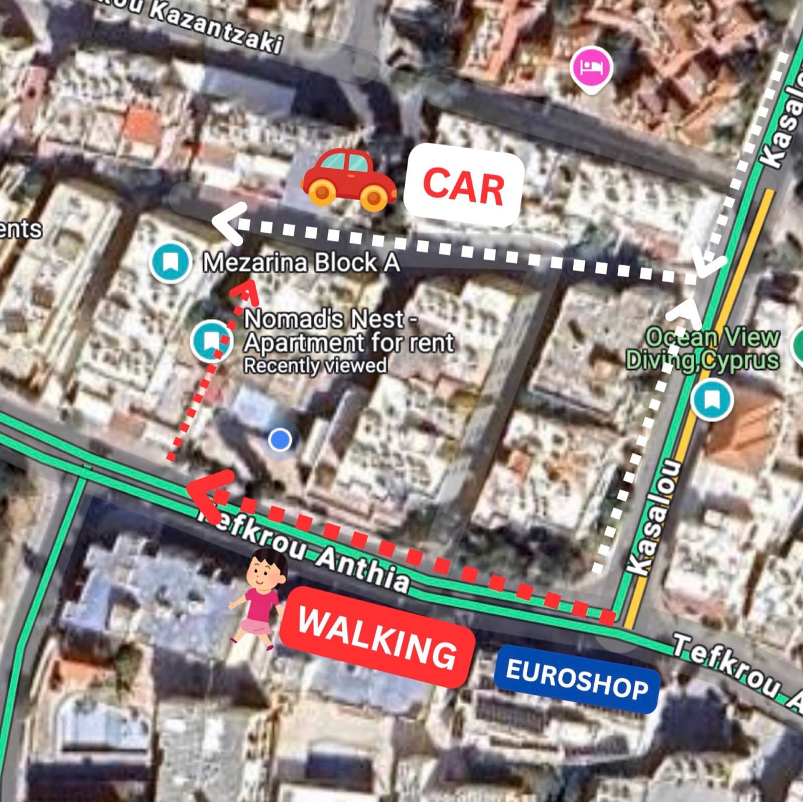 Google Maps aerial screenshot with red dotted CAR and WALKING routes to apartment
