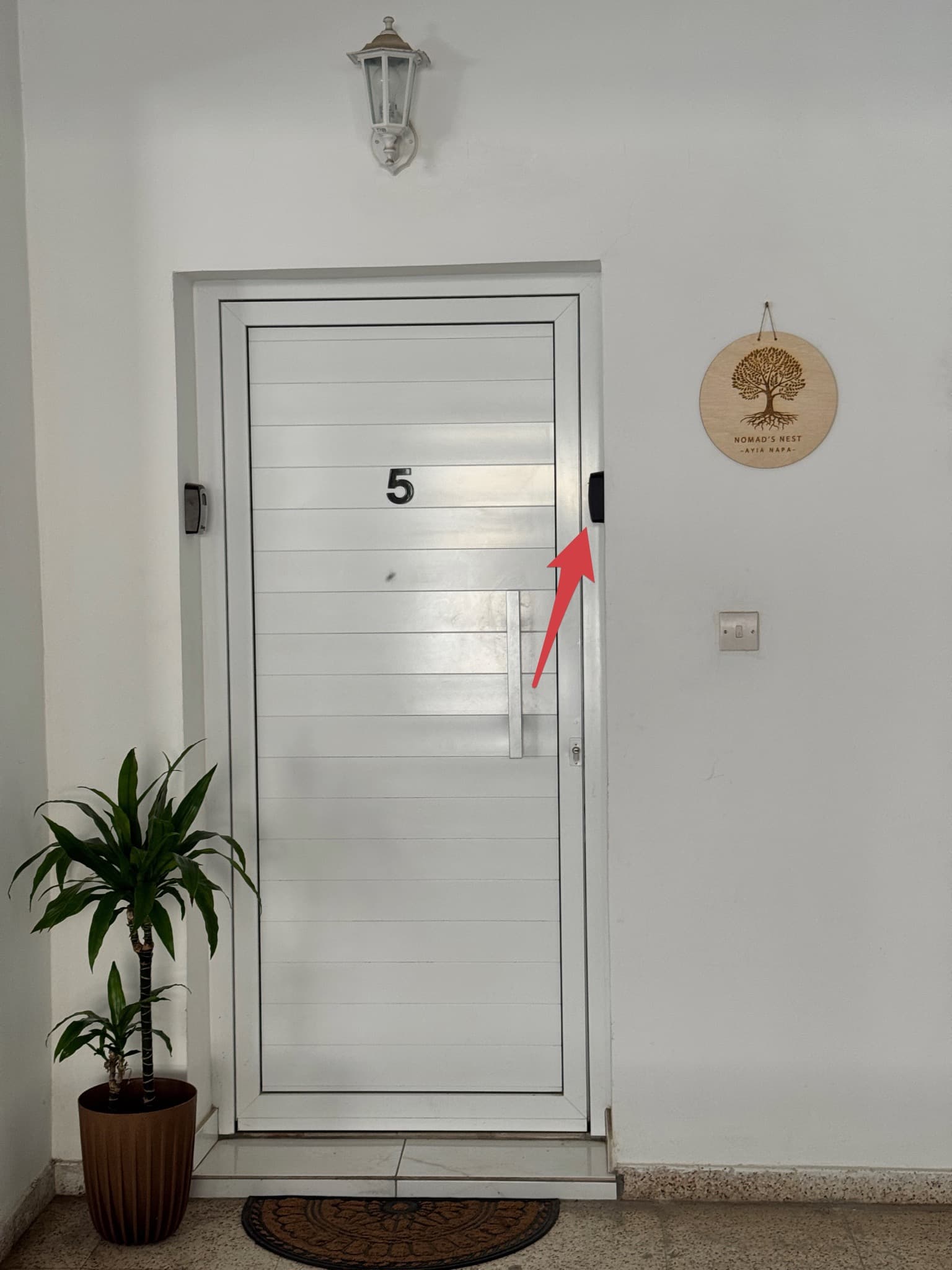 White door number 5 with Nomad's Nest wooden sign and dracaena pot, red arrow marker