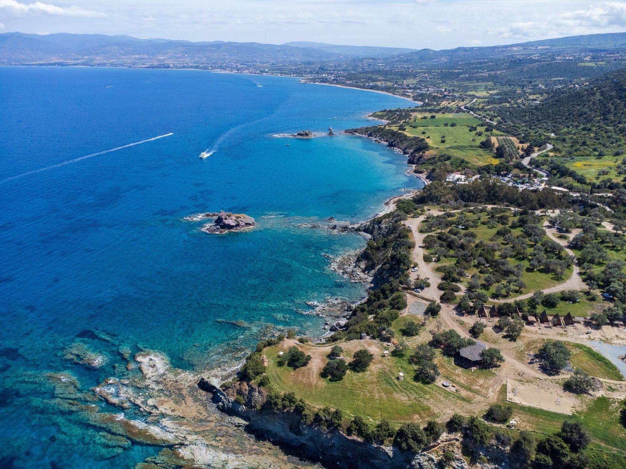 Aerial view of the Akamas Peninsula's rocky coves and forested coastline